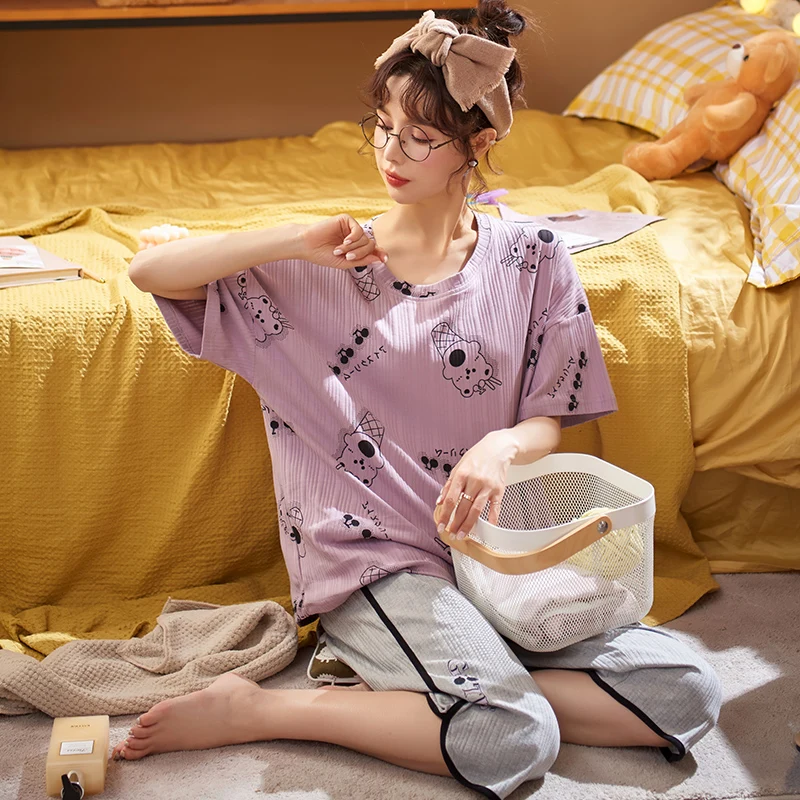 

Summer Cotton Loose Pajamas For Women Elegant Purple Women's Pajamas Short Plus Size Homewear Cartoon Ice Cream Bears Sleepwear