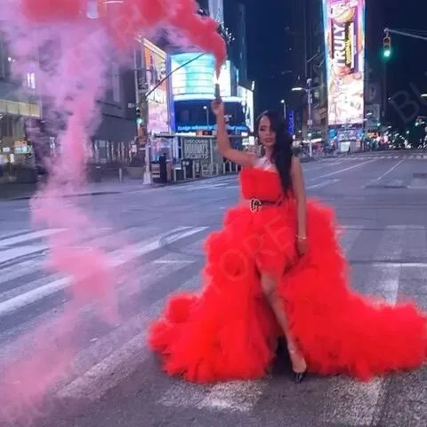 

Red Sexy Strapless Lush Birdal Dress Tulle Robes Women Maternity Tulle Prom Gowns For Photo Shoot Dress With Long Train