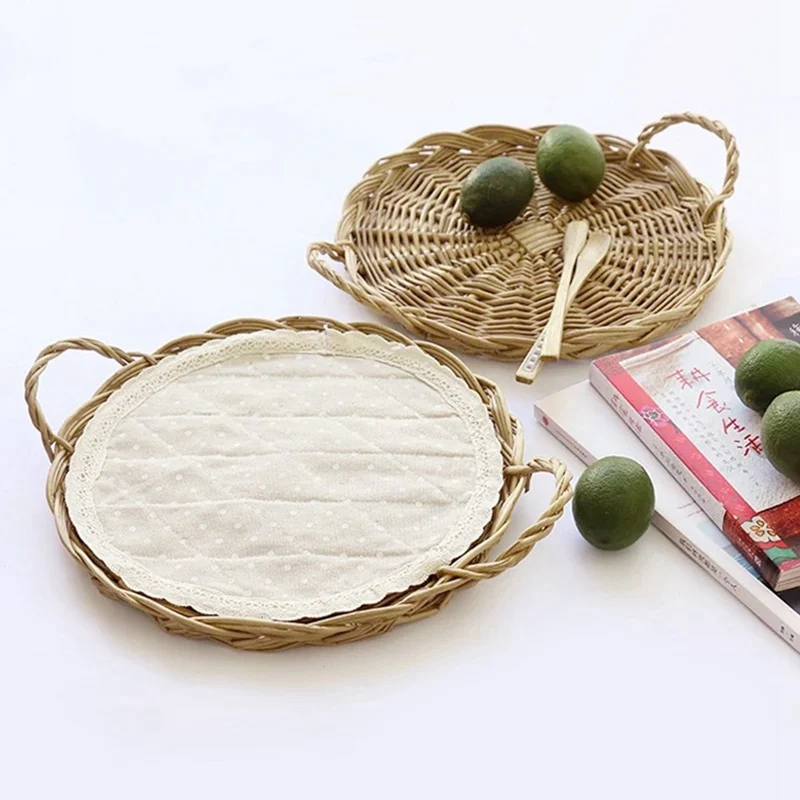 

Rattan basket Storage Tray, Fruit Round Basket with Handle, Hand-Woven, Rattan Tray Wicker Basket Bread Food Breakfast Displa