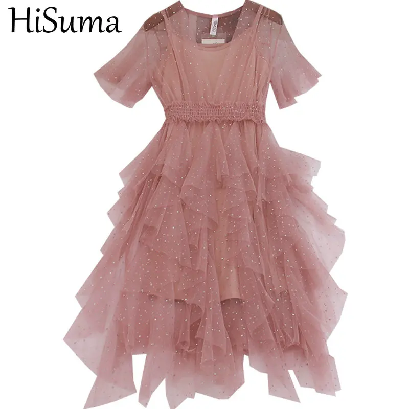 Женское Сетчатое плиссированное платье миди эластичное асимметричное из тюля с