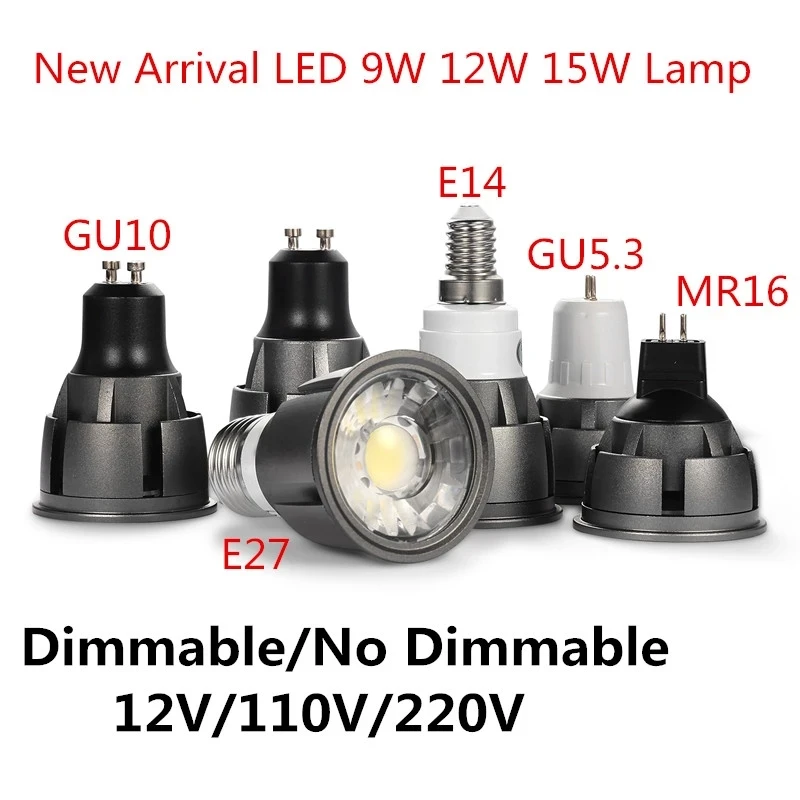 Super Bright Dimmable GU10/GU5.3/E27/E14/MR16 COB 9W 12W 15W LED Bulb Lamp 85-265V 12V spotlight Warm White/Cold White led light