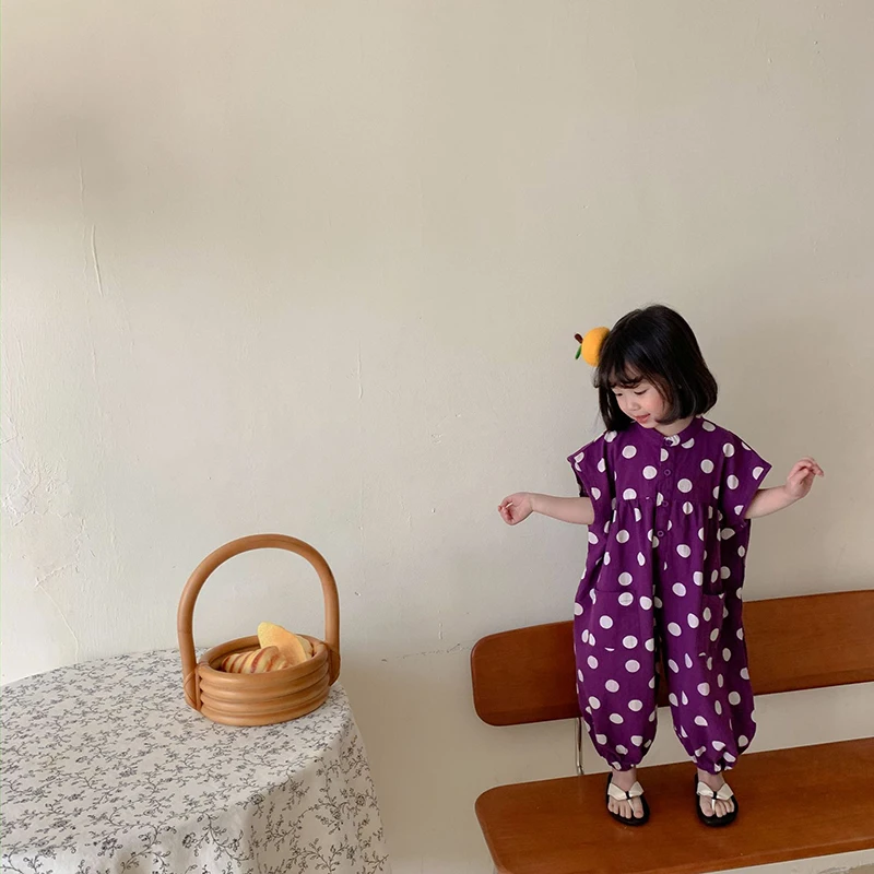 

Girls Party Costumes 2021 New Summer Kids Casual Jumpsuits Korean Fashion Children Ploka Dot Print Clothing 2-6Y