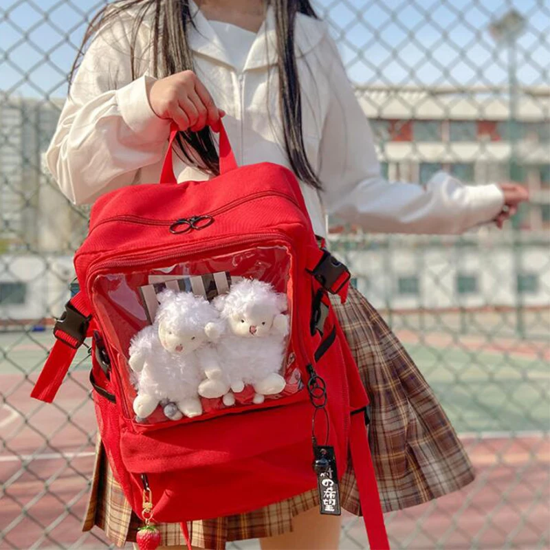 

New Kawaii Lolita Bag Ita Bag Clear Backpack for Teenage Girls schoolbag Ladies Transparent Backpack bag Red canvas Itabag H207