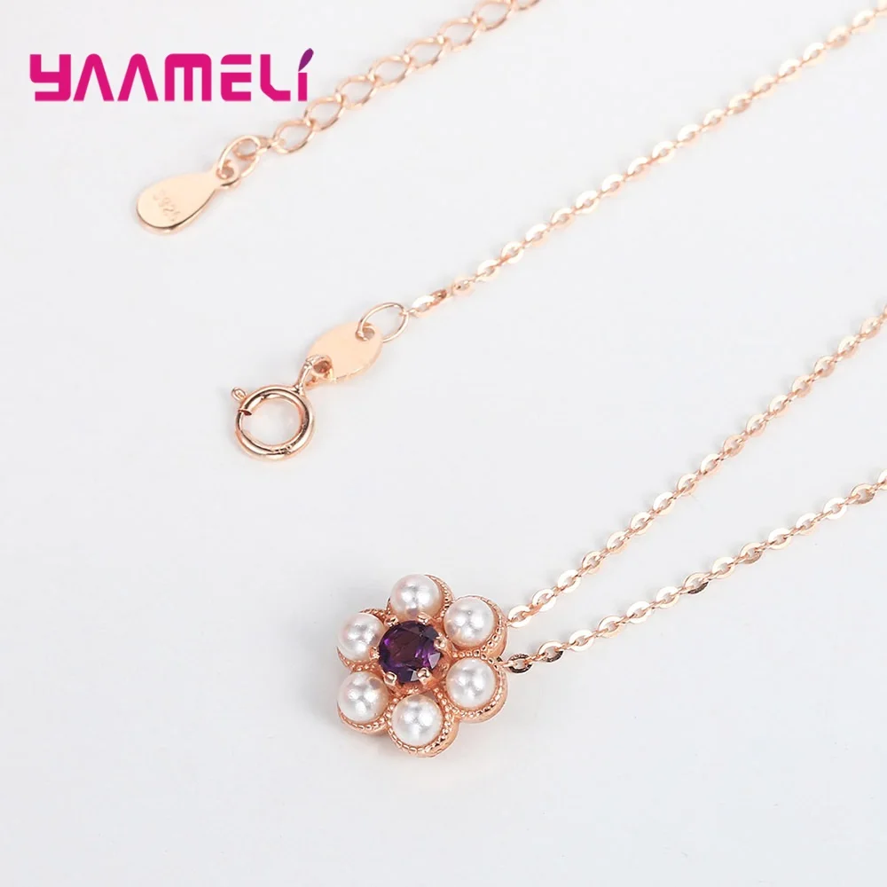 

Flower Pearl 925 Sterling Silver Zircon Sweet Romantic Pendant Necklace For Women Wedding Party Birthday Gift