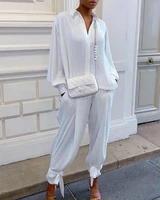 two piece set women tops pants tracksuits casual solid suit long sleeve v neck shirt loose long pants ropa mujer