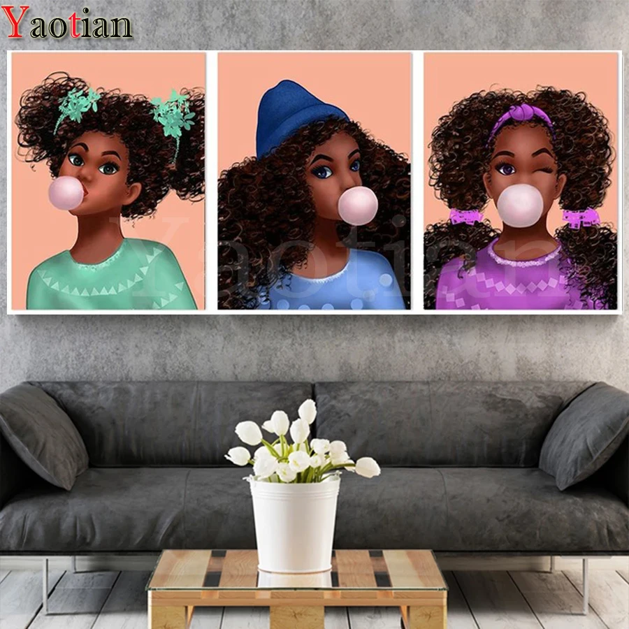 

3 Piece DIY Diamond painting African girl blowing bubble gum Full Square/Round Diamond Embroidery Multi Panel 5D Cross Stitch