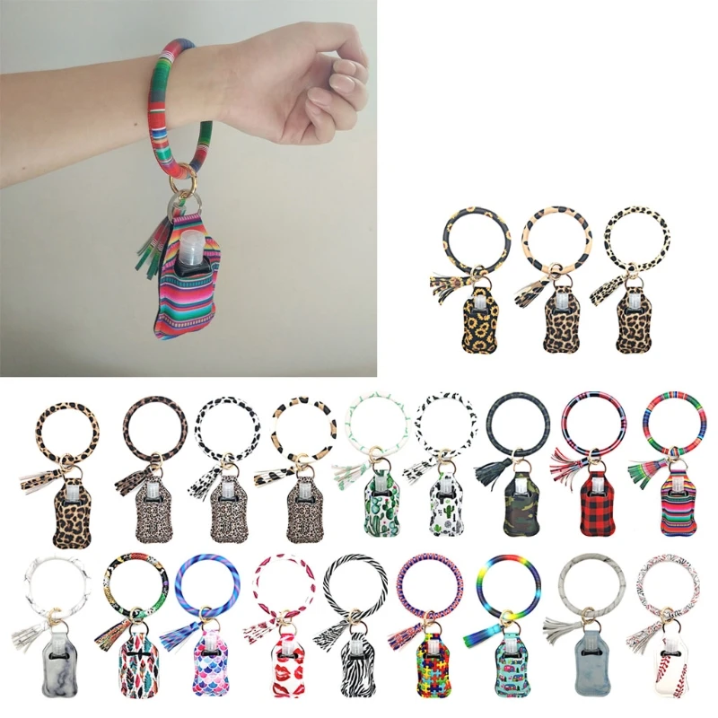 

Rainbow Leopard Print Key Ring Bracelet Wristlet Keychain Leather Keyrings Container Holder with Empty Refillable Bottle