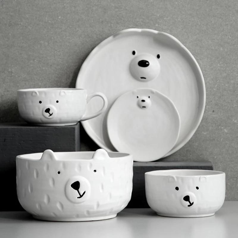 

Cute Kid Ice Bear Ceramic Kitchen Dinnerware Sets Fruit Salad Soup Ramen Rice Bowl Dinner Plate Dishes Breakfast Coffee Milk Mug