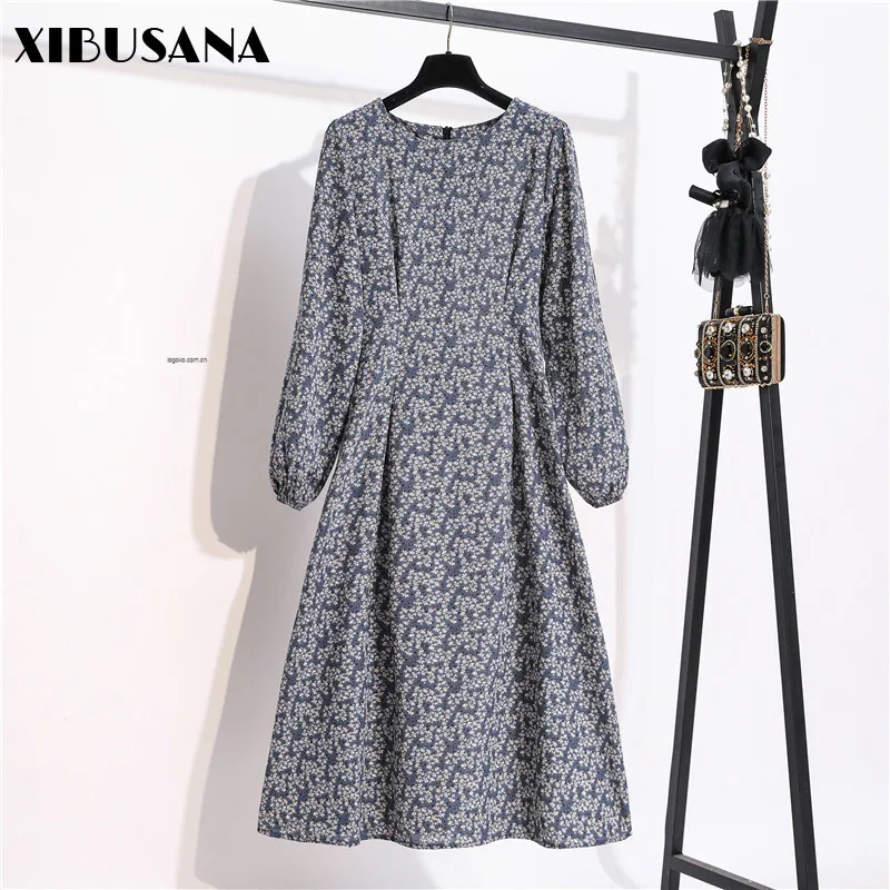 

XIBUSANA Chiffon Dress Women 2021 New Floral Printed Autumn Spring Long Sleeved High Waist Casual Dresses Female A-line Vestidos