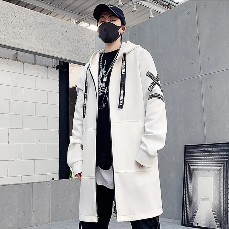 

Japanese Fashion Men's Windbreaker Winter Hip Hop Streetwear Brand Men Clothing Cross Ribbon Design Hooded Trench Parkas Coat