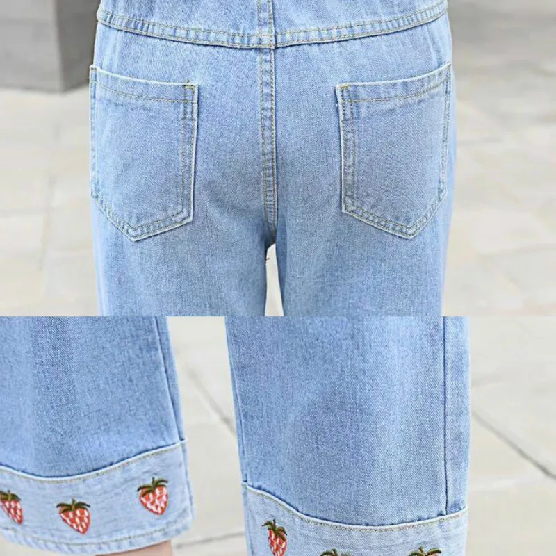 

Women Jeans Embroidery Straight Trousers Elastic Waist Korean Casual Trendy Sweet Ladies Chic Ankle-length Plus Size 3XL Loose