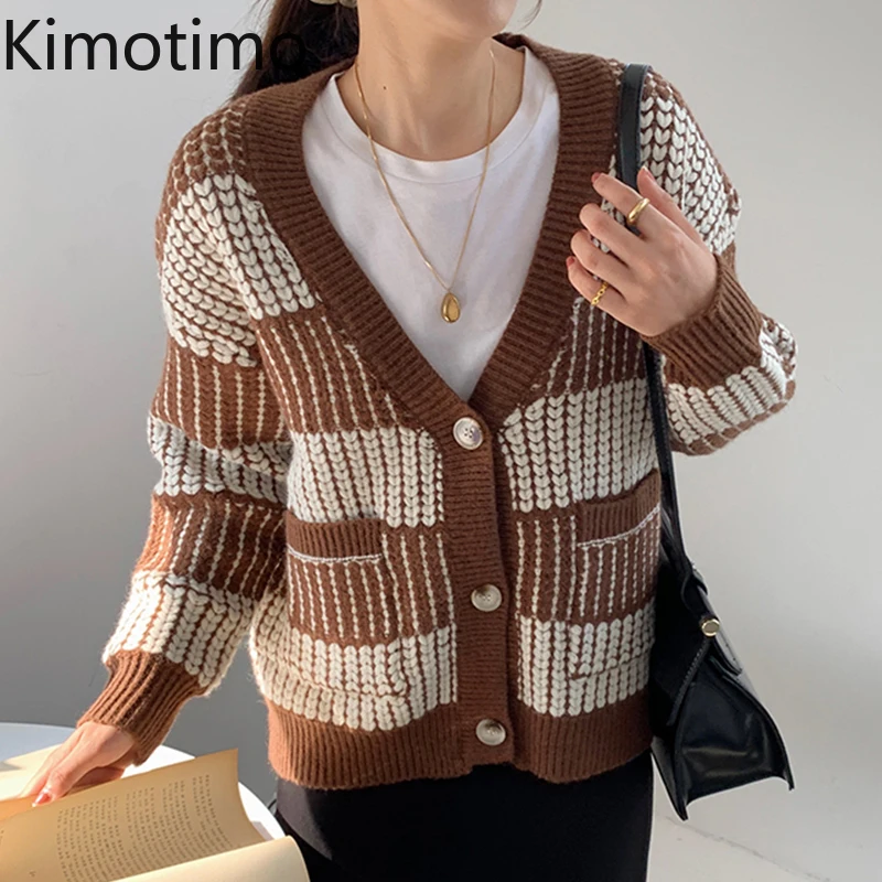 

Kimotimo Vintage Sweater Cardigan Women Korean Chic V-neck Herringbone Color Block Sweaters Autumn Long Sleeve All-match Coats