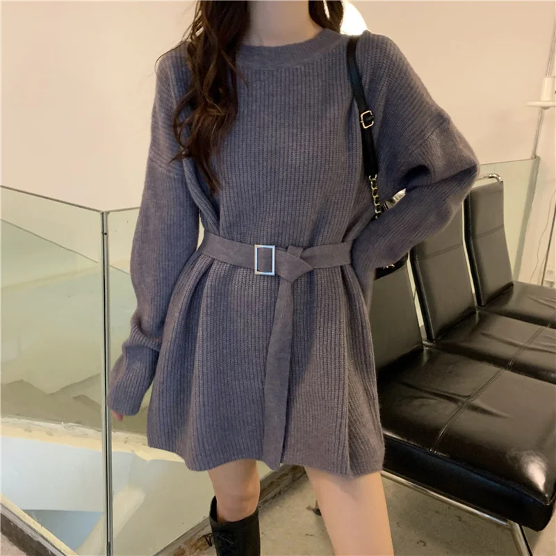 Black Waist Closing Medium Length Sweater Women's Autumn and Winter 2021 New Korean Lazy Style Loose Outer Knitted Top | Женская