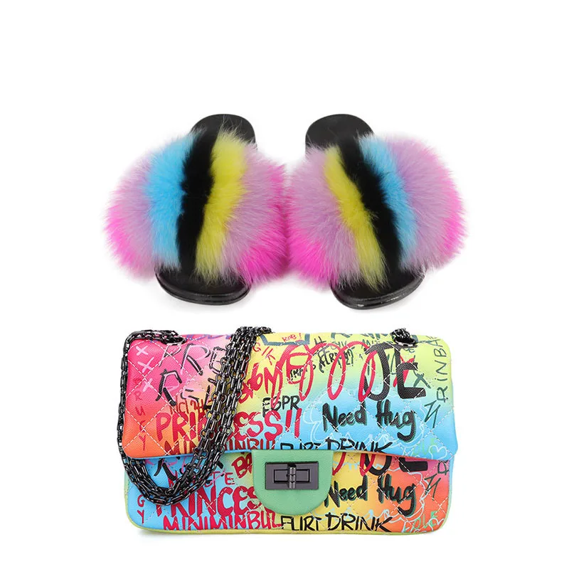 Женские шлепанцы из натурального Лисьего меха радужные желеобразные Шлепанцы