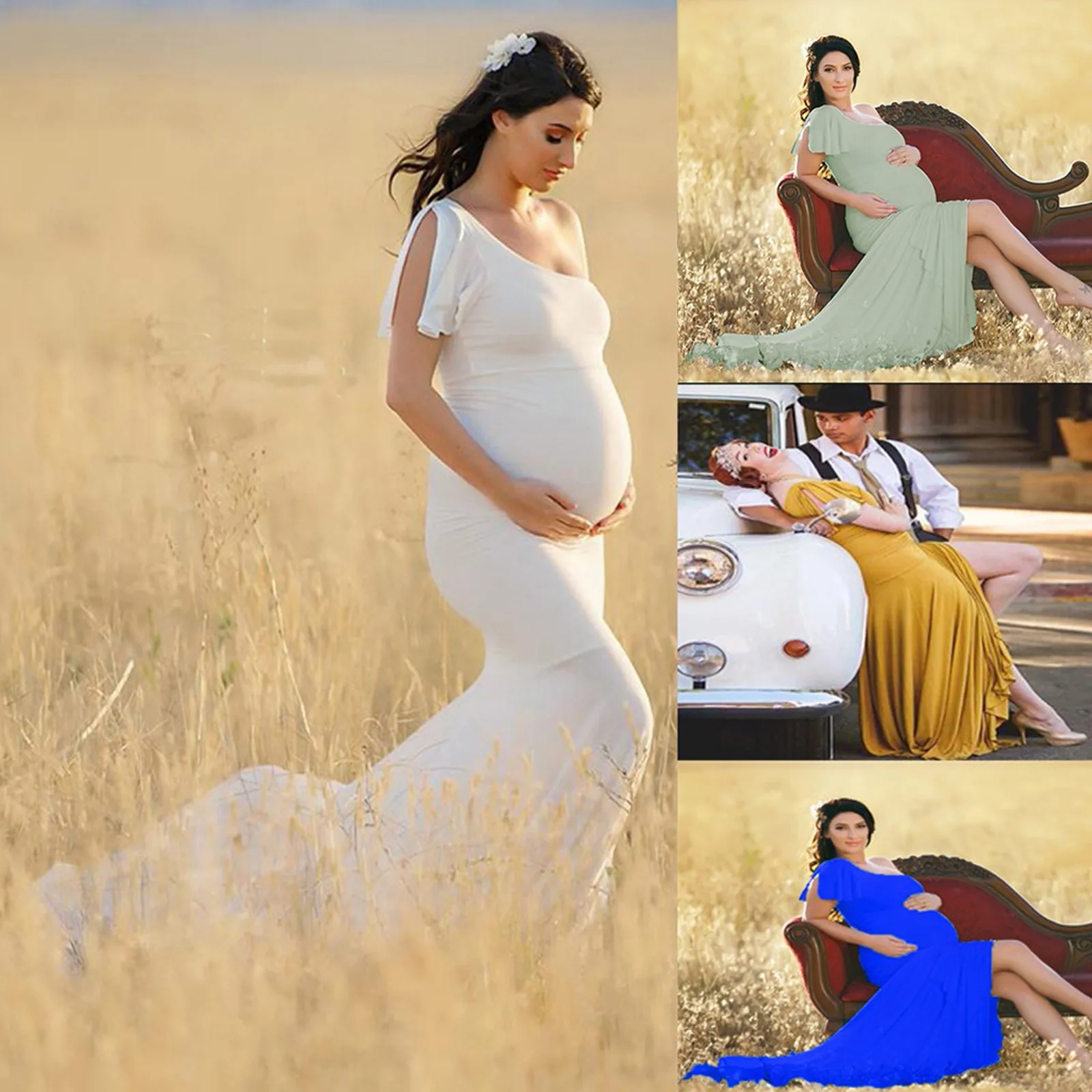 

Women Pregnants Photography Props Off Shoulder Sleeveless Maternity Solid Dress robe grossesse femme vestido premama fotografia