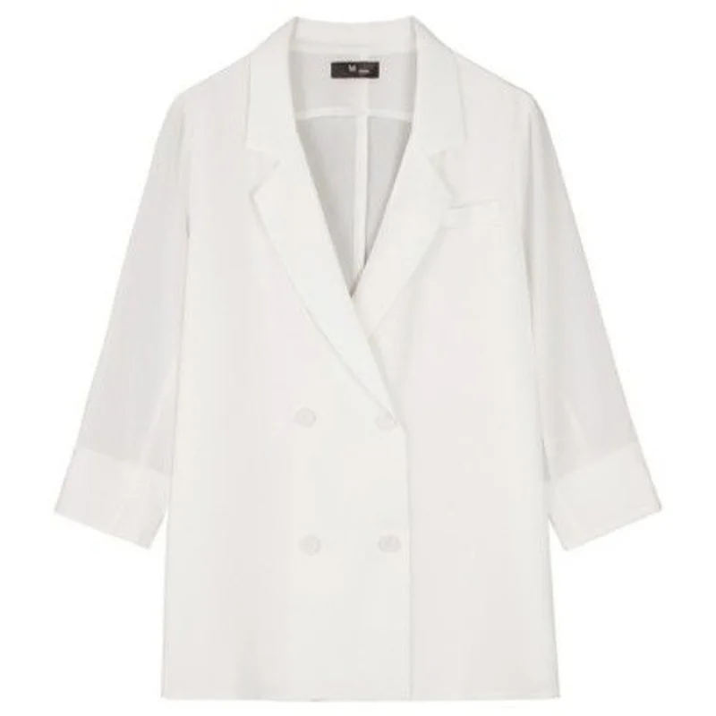 

Women Blazers Spring Summer Chiffon Breathable Sun-proof Simple Chic Loose OL Double Breasted Ulzzang Stylish Tender Solid White