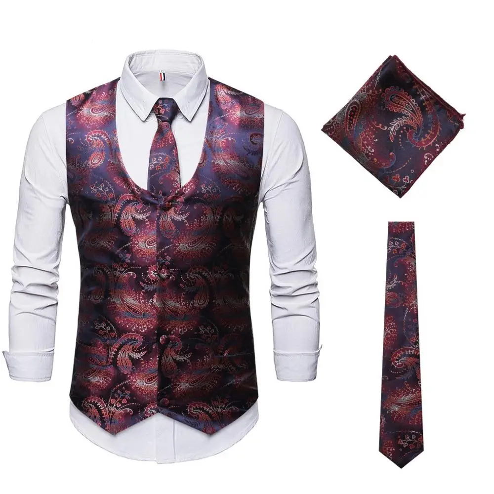 Men's Purple Paisley Dress Vest Necktie Pocket Square Set 2022 Fashion Classic Party Wedding Tuxedo Vests Waistcoat Men Gilet | Мужская