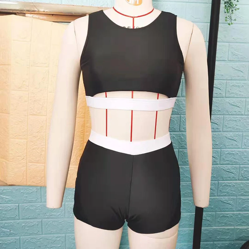 Женский пляжный спортивный купальник с высокой талией черный лоскутный комплект