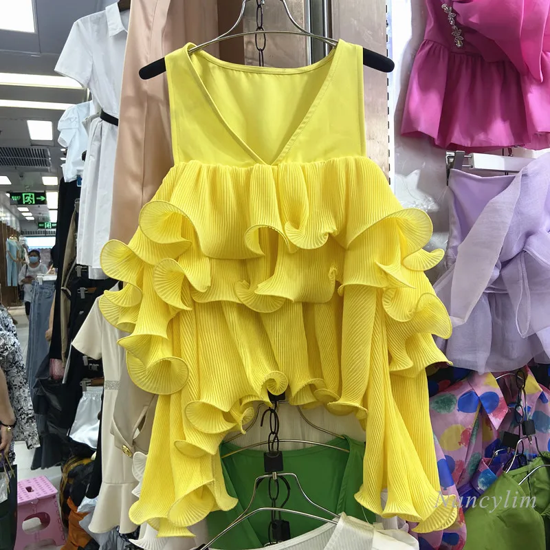 

Sexy Blouse Woman 2021 Summer Off Shoulder Pleated Cake Chiffon Ruffles Shirt Lady Sleeveless Blusas Mujer