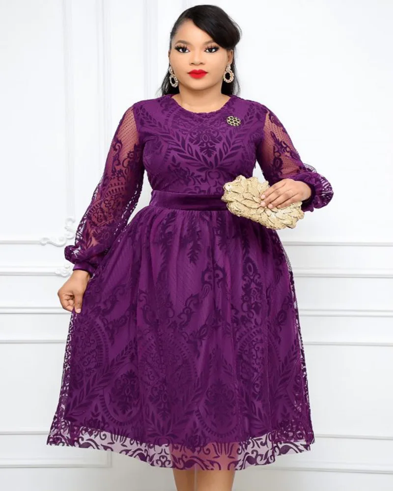 

2021 Spring Autumn Dress Woman See Through Long Sleeve Flocking Printing Party Dress Plus Size Evening Night Party Vestidos