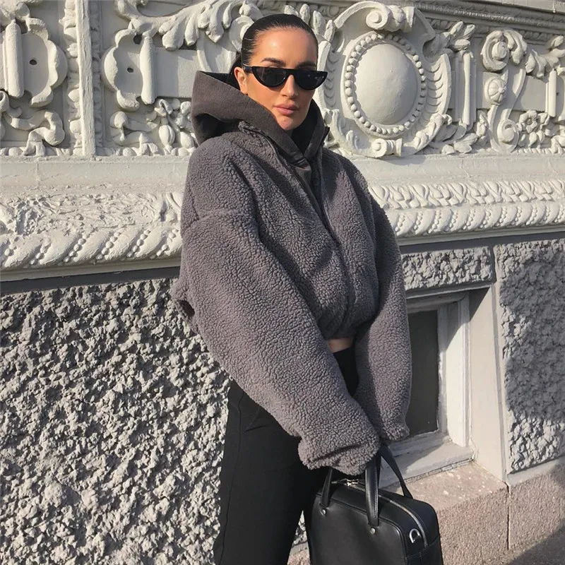 Lucyever Zipper Faux Fur Corp Jacket Women 2020 Winter Warm Fashion Vintage Lamb Coat Gray Furry Coats and Jackets New | Женская одежда