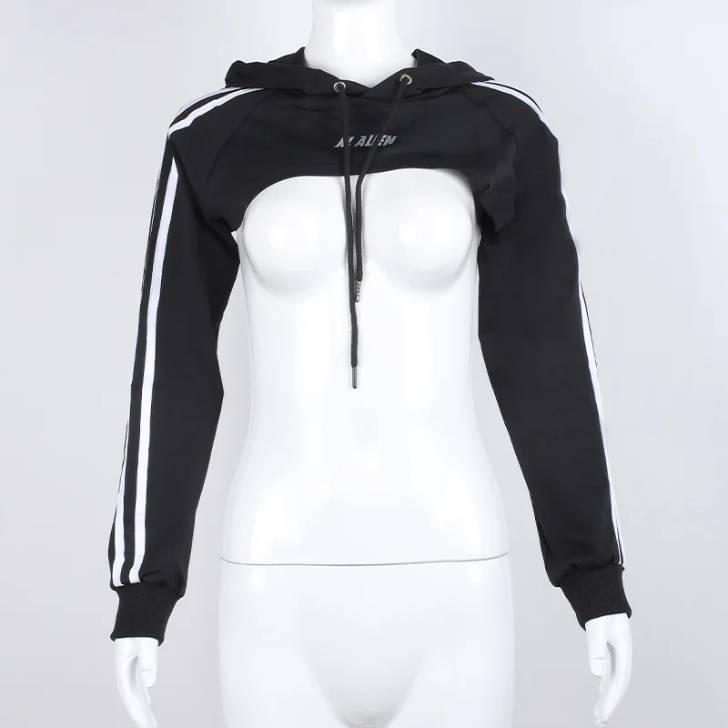 

Hooded Striped Cropped Reflective Letter Print Ultra Short Tops Women Autumn Winter Hoodies Sweatshirts Female Sport Pullover