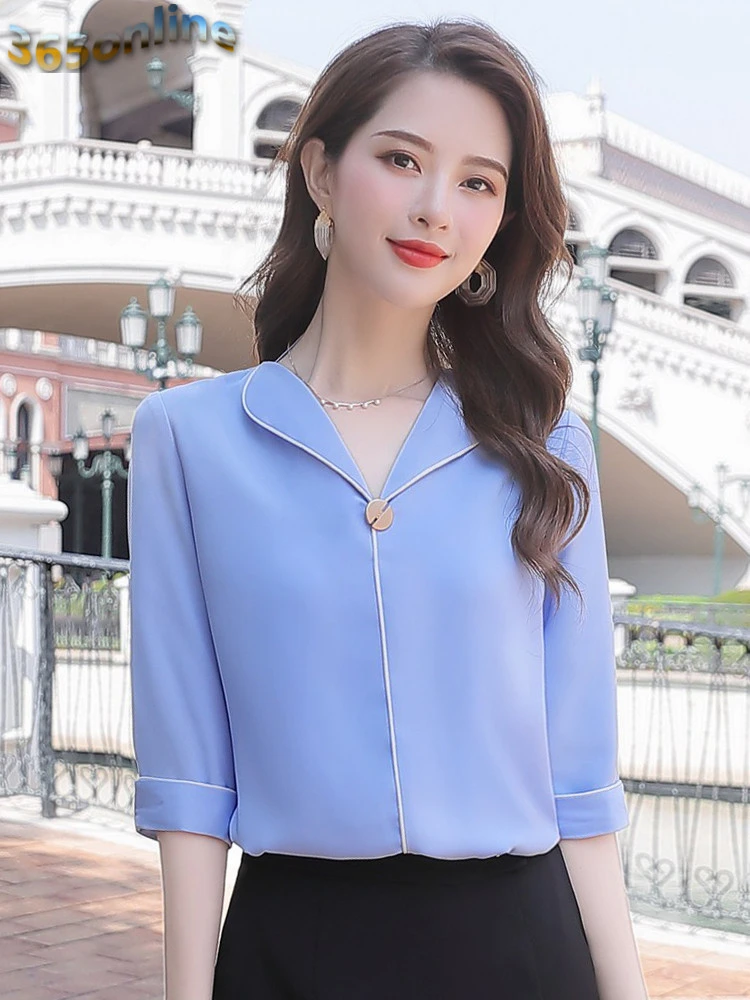 Блузка женская с рукавом до локтя элегантная белая Деловая одежда офисный Топ