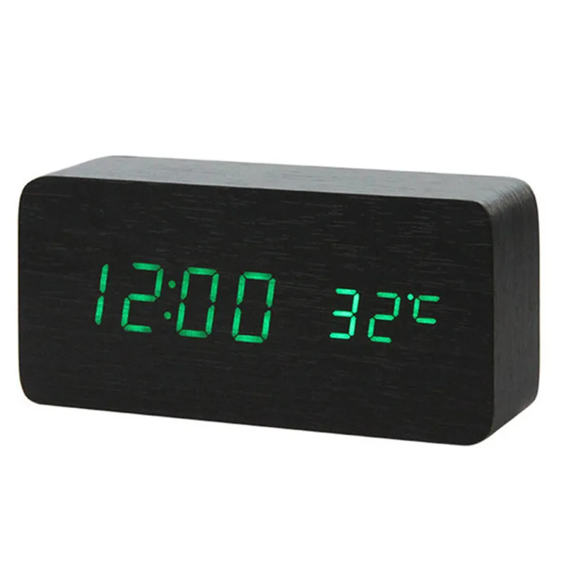 Black green word Светодиодный Деревянный Будильник, цифровой Повтор, настольные часы, будильник, светильник, электронный, большое время, температурный дисплей, светящиеся часы XNC - Цвет: Black green word