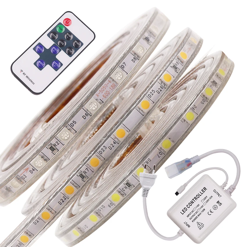 AC 110V 220V LED Strip Light SMD 5050 Waterproof Led Lights 60LEDs/M Dimmable With 11Key EU/UK/US Plug | Лампы и освещение