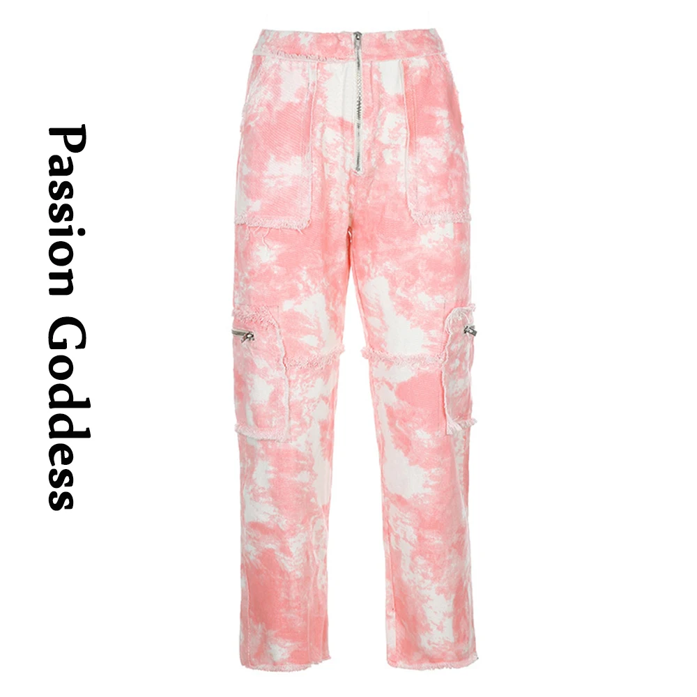 

Streetwear Orange Pink Tie Dye Pants Women Loose Zipper Mid Waist Straight Pants Pocket Hairy Fringe Pants Hiphip Trousers Fall