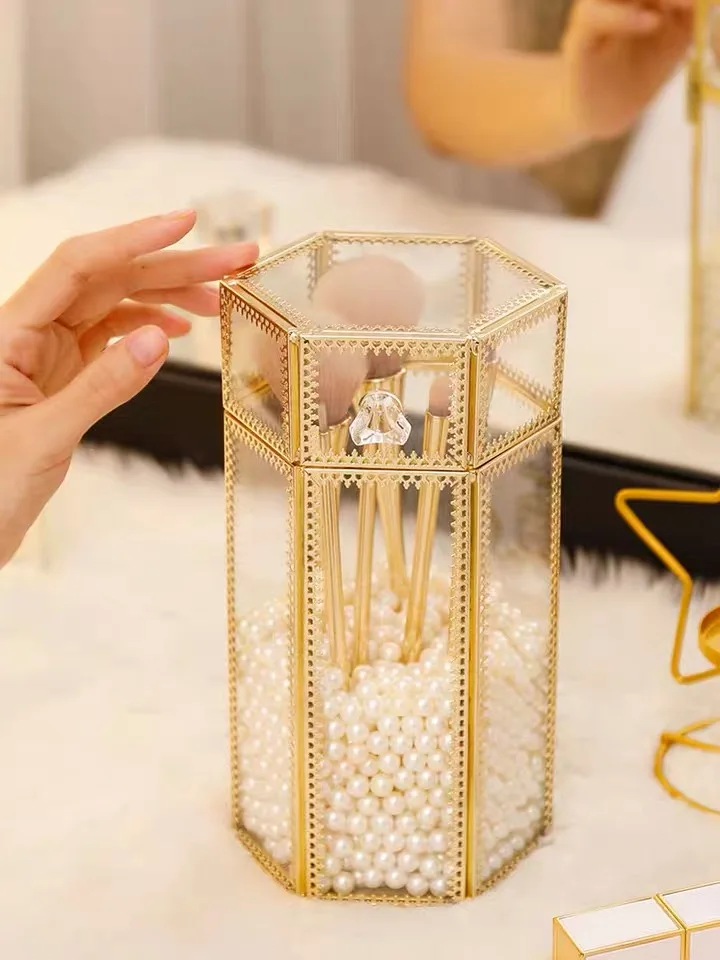 

Glass Makeup Brush Holder Jewelry Box Pencil Bucket Perfume Organizer Desktop Cosmetic Storage Container Pearls Barrel With lid