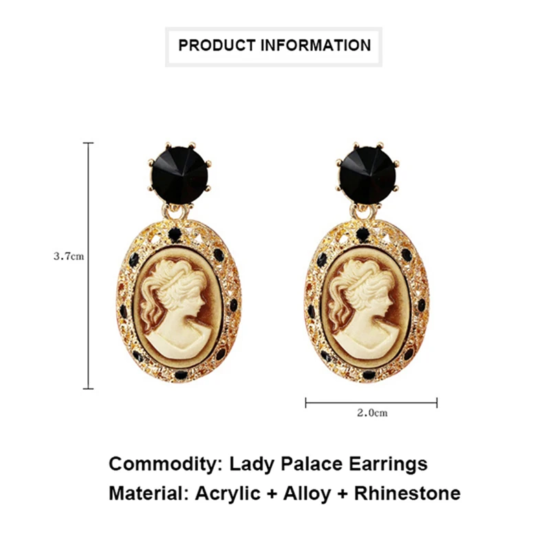 

6 Style Vintage Look Antique Lady Queen Relief Oval Acrylic Earring Push Back Stud Fashion Jewelry for Women Cameo Earrings