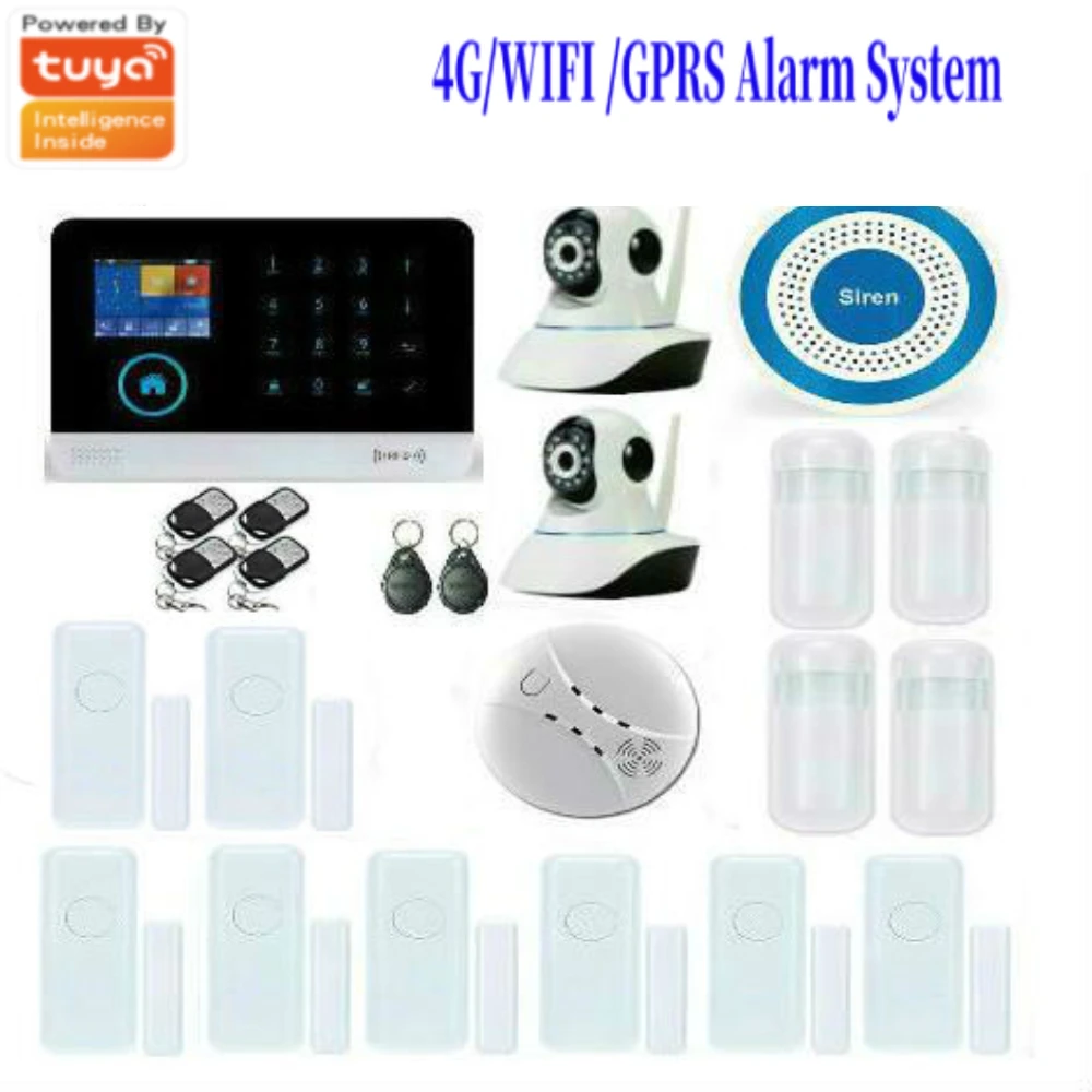 

Tuya APP Control Wireless WIFI 4G Network Home Security Burglar Alarm Systems 4G SIM Video IP Camera Smoke Fire Sensor Detector