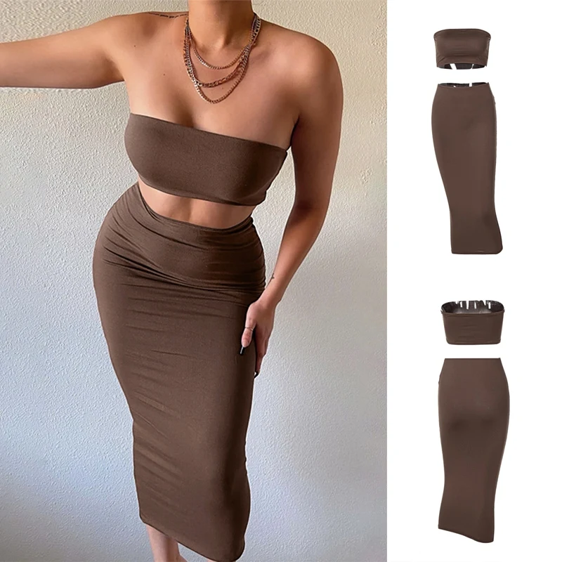 

Women Shoulder Tube Top High Waist Bag Hip Skirt Suit Summer Sexy Patchwork Sleeveless Skirt Set Female Casual Suit