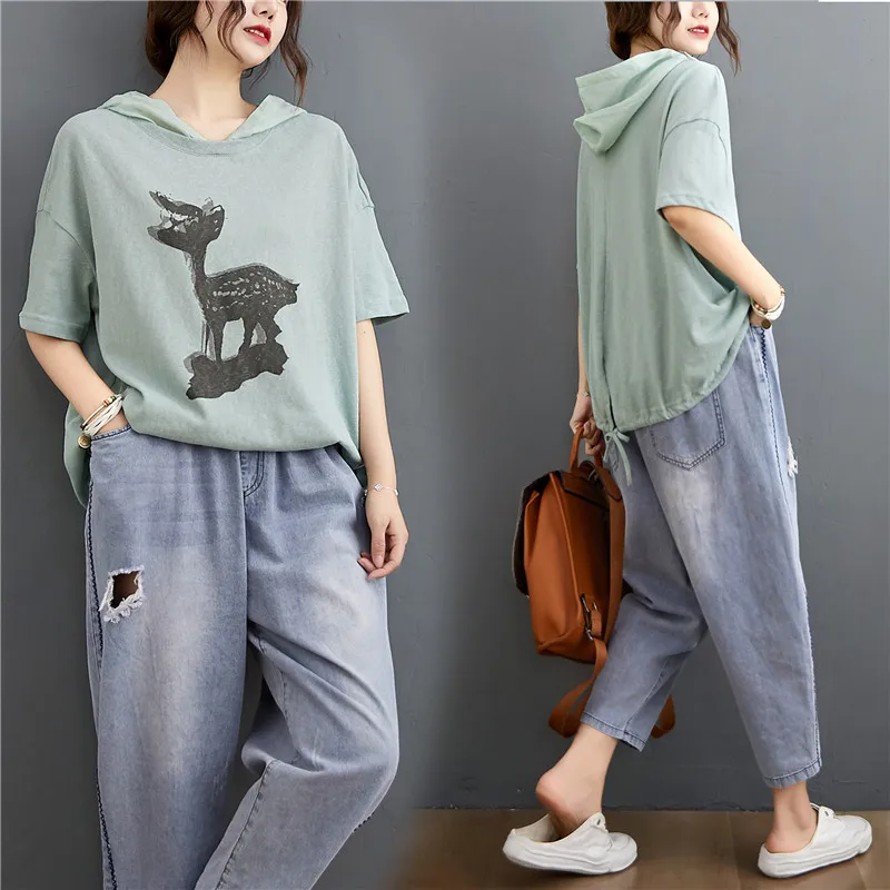 

Новинка лета 2021, художественная футболка большого размера с капюшоном и коротким рукавом, свободный Универсальный пуловер для отдыха, стро...