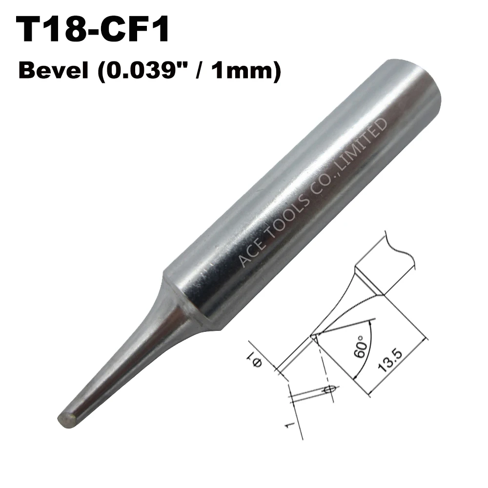 T18-CF1 Soldering Tip Bevel 1mm 0.039" Fit HAKKO FX-888 FX-888D FX-8801 FX-600 Lead Free Iron Bit Nozzle Handle Pencil Welding