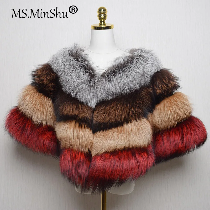 

MS.Minshu Genuine Fox Fur Shawl Luxury Natural Silver Fox Skin Cape Colorful Women Winter Wrap Natural Custom Made