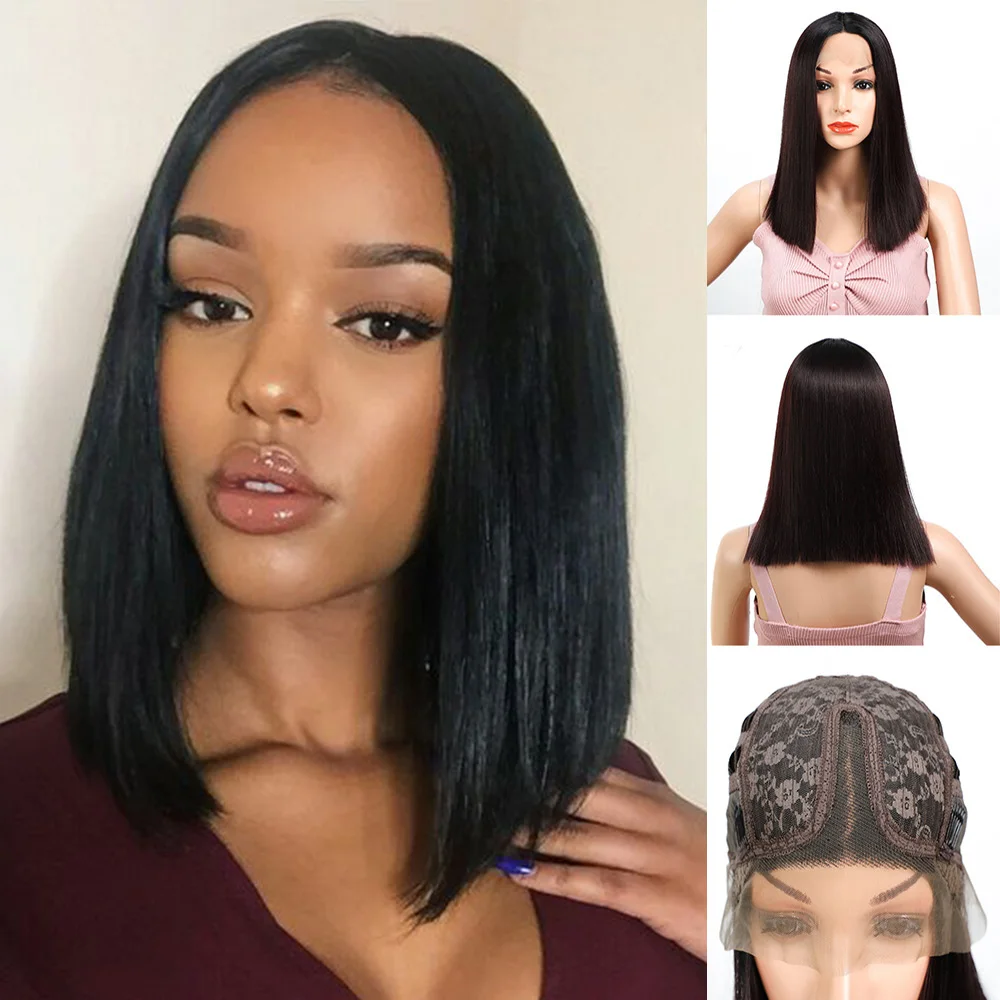 Natifah боб парик синтетический короткий прямой черный кружевные передние парики 150%
