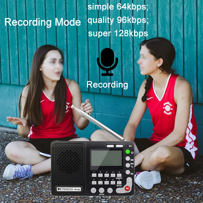 Retekess TR102 портативное радио FM/AM/SW приемник мирового диапазона MP3-плеер REC рекордер с таймером сна черный fm-радио рекордер