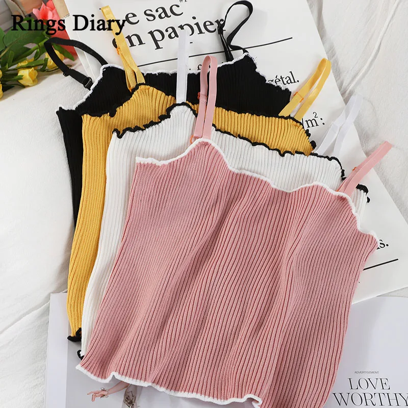 

Rings Diary Women Summer Knitted Crop Tops Spaghetti Strap Rib Top Contrast Lettuce Edge Trim Slim Fit Going Out Ribbed Tops