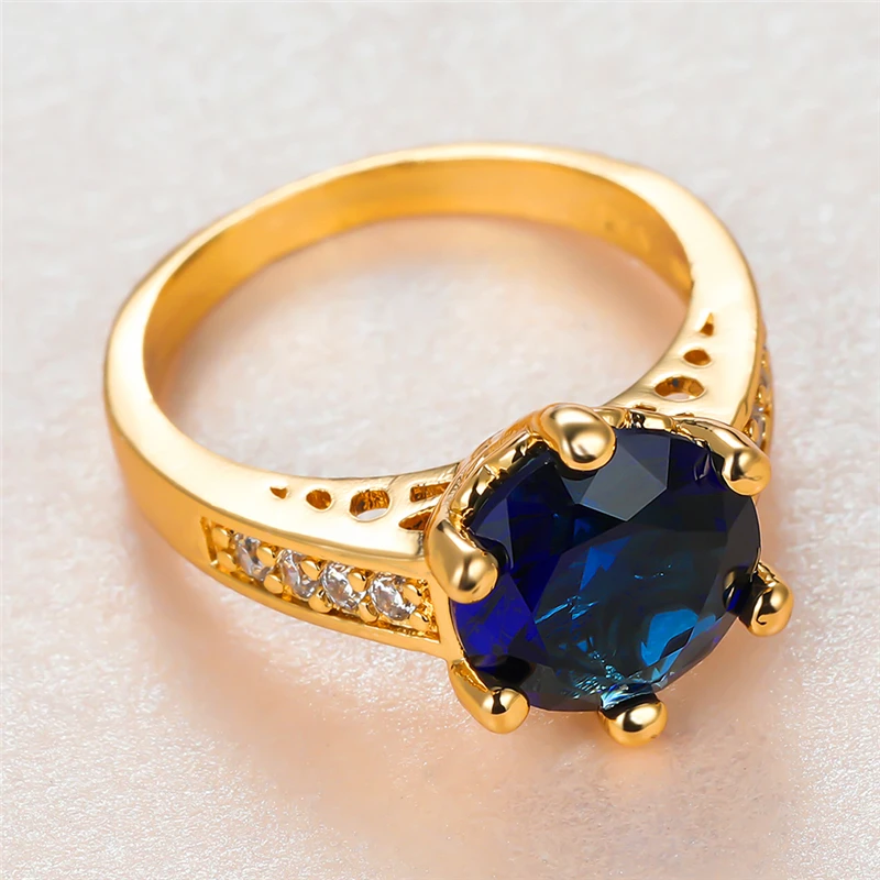 

Luxury Male Female Blue Zircon Stone Ring Vintage Gold Color Wedding Band Ring Promise Round Crystal Thin Engagement Ring