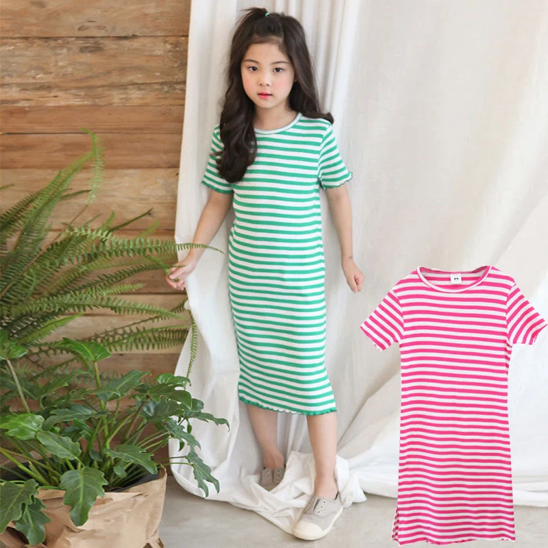 New 2020 Summer Big Girls T Shirts Dresses Korean Stretch Baby Stripe Dress Kids Mid Long Teen Green Pink T-shirts | Детская одежда и