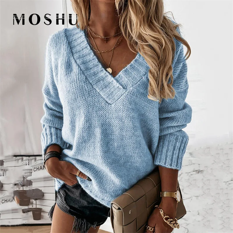 

Вязаный женский свитер осень-зима, тонкий Однотонный пуловер с v-образным вырезом, джемперы, повседневные женские Топы с длинным рукавом, Св...