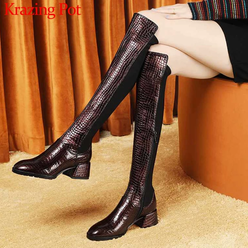 

Krazing Pot gorgeous print cow leather stretch round toe high heels side Zip winter keep warm mature women thigh high boots L23
