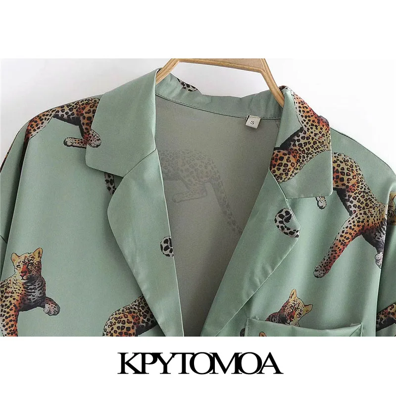

KPYTOMOA Women 2021 Fashion Animal Print Loose Button-up Blouses Vintage High Elastic Waist Ankle Trousers Female Sets Mujer