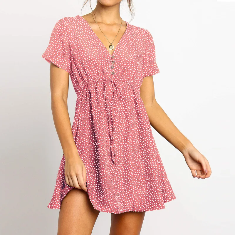 

2020 new fashion V-neck short sleeve printed chiffon dress for women vintage dress