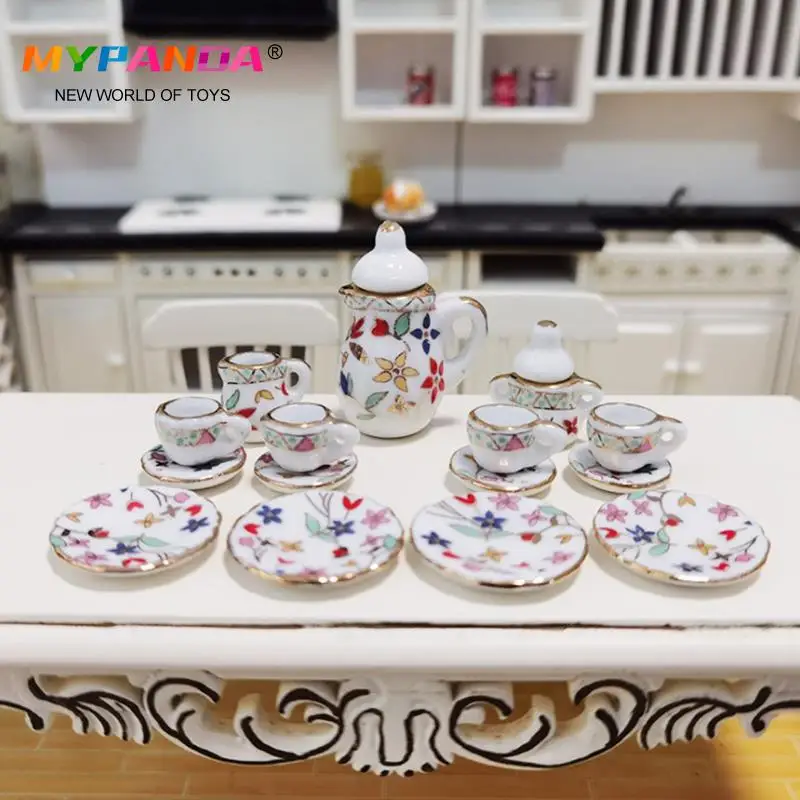 

15 шт./компл. 1:12 набор миниатюрных фарфоровых чайных чашек для кукольного домика, посуда с принтом цветов, кухонные игрушки