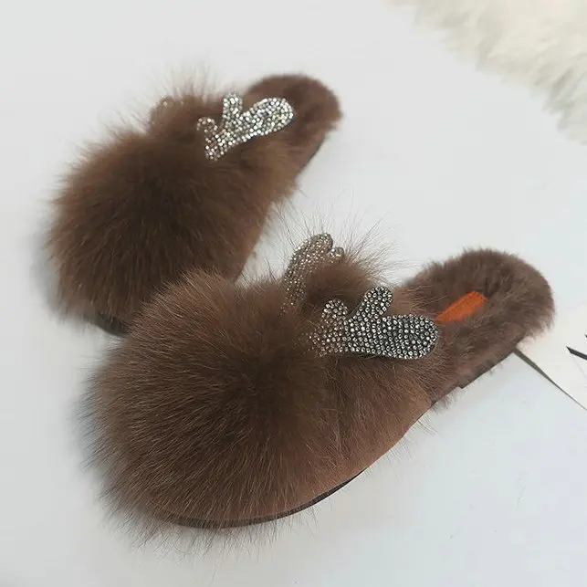916 Brown Сезон осень; дизайн; Двойное сердце серьги со стразами натуральный кроличий мех меховая заколка тапочки на плоской подошве перетаскивание Для женщин обувь XYZ340 - Цвет: 916 Brown