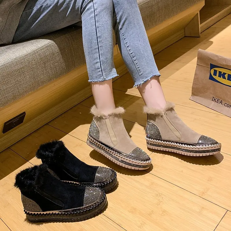 

Pop Winter Warm Thick Fur Ankle Boots for Women Luxury Rhinestones Flat Platform Shoes Woman Fashion Crystal Faux Suede Botas