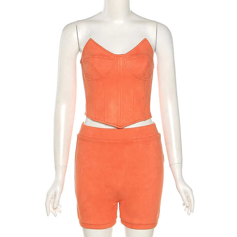 

Simenual Faux Suede Corset And Shorts Two Piece Outfit Women Sets Strapless Fashion Bodycon Pure Color Low Cut Co-ord Set Casual